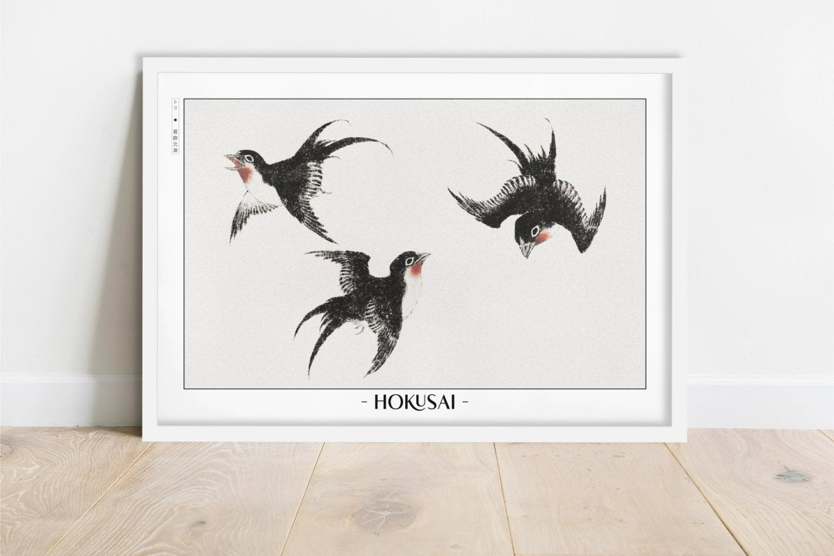 Hokusai - Three Swallows - Artist Name - White Frame