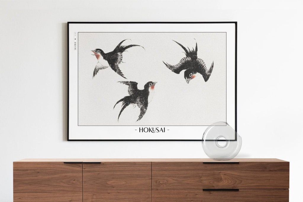 Hokusai - Three Swallows - Artist Name with Decor