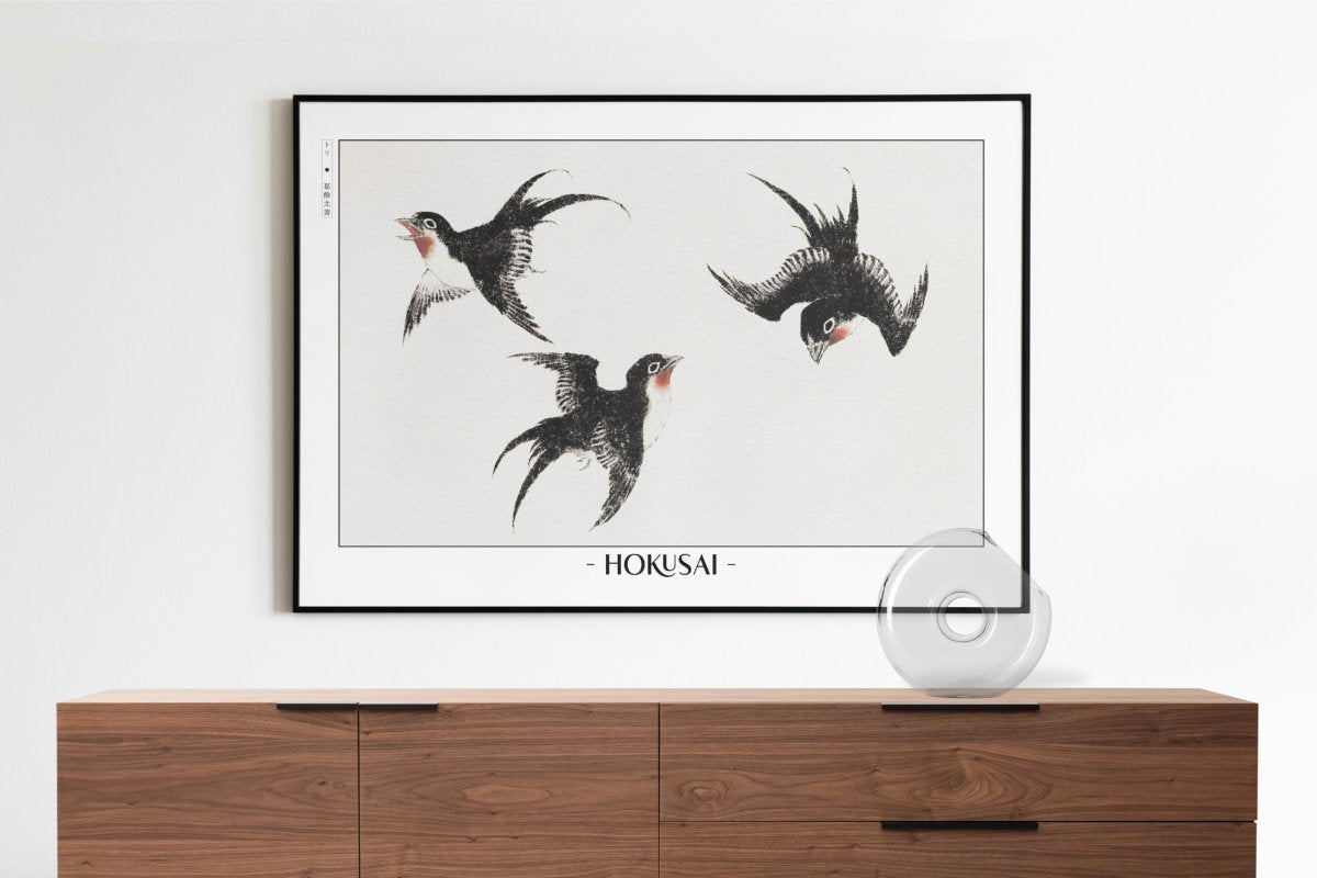 Hokusai - Three Swallows - Artist Name with Decor