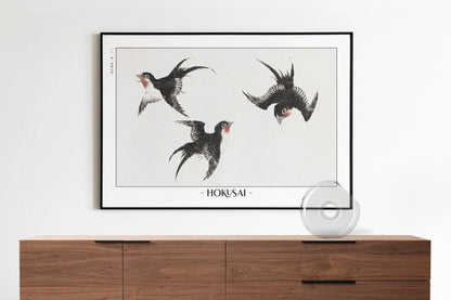 Hokusai - Three Swallows - Artist Name with Decor