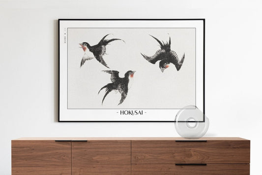 Hokusai - Three Swallows - Artist Name with Decor