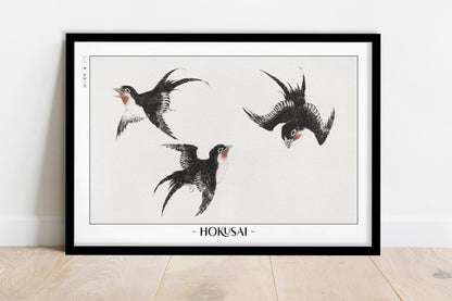 Hokusai - Three Swallows - Artist Name - Black Frame
