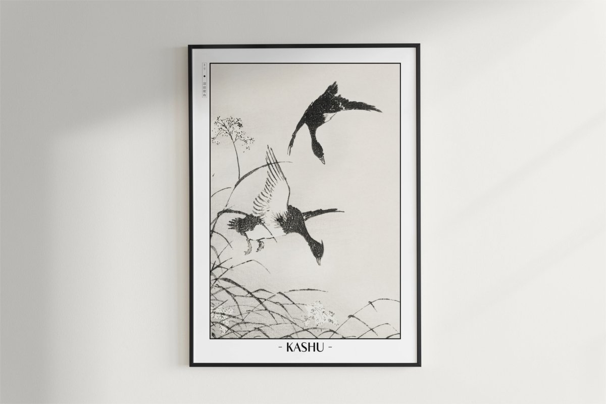 Numata Kashu - Tufted-Teal & Reed Flower - Artist Name - Black Frame