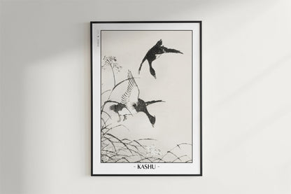 Numata Kashu - Tufted-Teal & Reed Flower - Artist Name - Black Frame