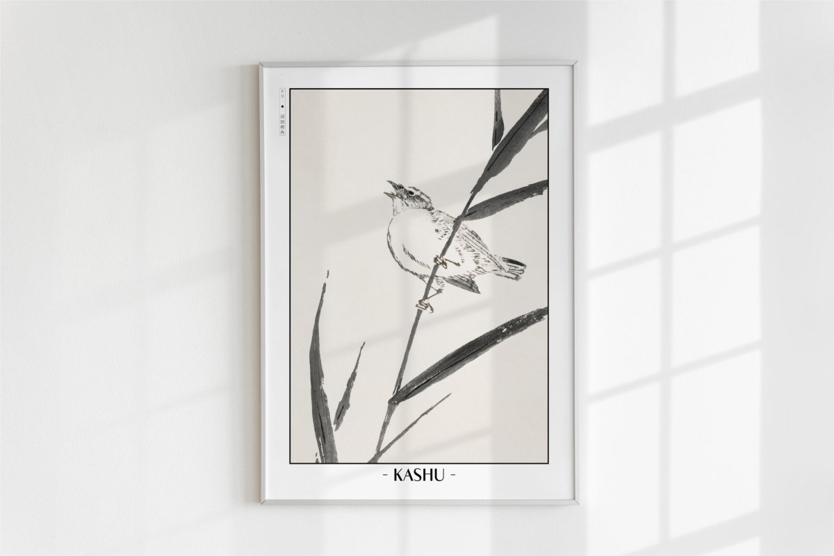 Numata Kashu - Bunting Bird Upon a Reed - Artist Name - White Frame