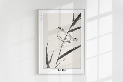 Numata Kashu - Bunting Bird Upon a Reed - Artist Name - White Frame
