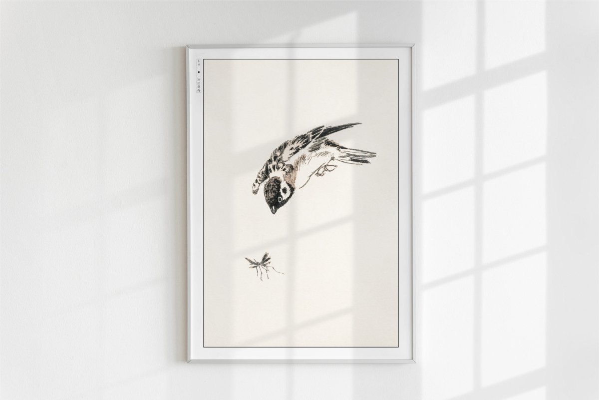 Numata Kashu - Sparrow & a Mosquito - Art Only - White Frame