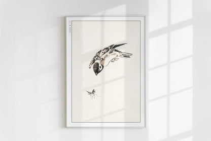 Numata Kashu - Sparrow & a Mosquito - Art Only - White Frame