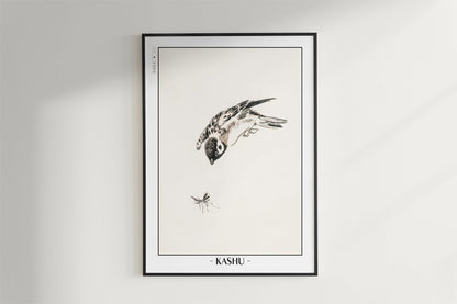 Numata Kashu - Sparrow & a Mosquito - Artist Name - Black Frame