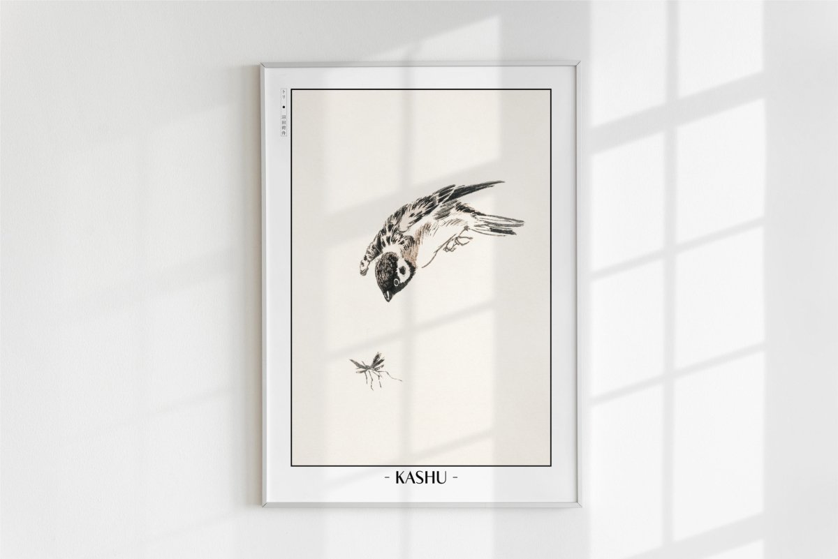 Numata Kashu - Sparrow & a Mosquito - Artist Name - White Frame