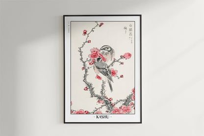 Numata Kashu - Pine Bunting & Plum Tree - Artist Name - Black Frame