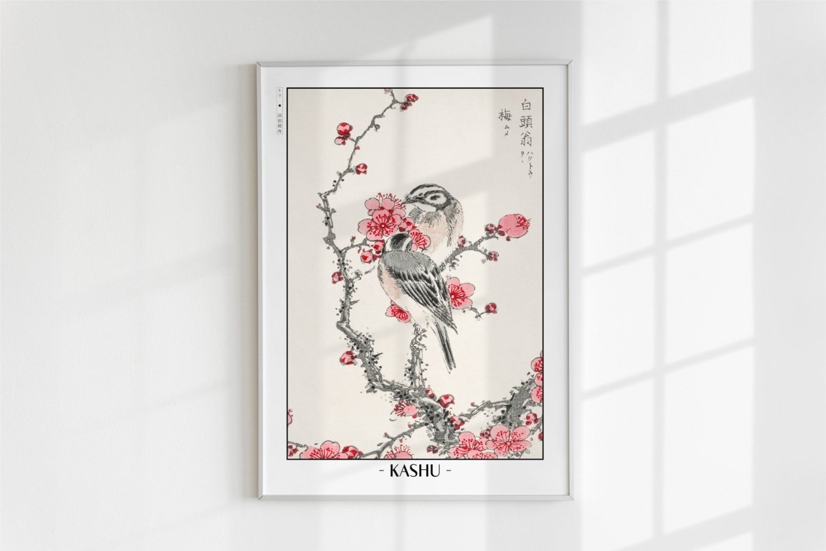 Numata Kashu - Pine Bunting & Plum Tree - Artist Name - White Frame
