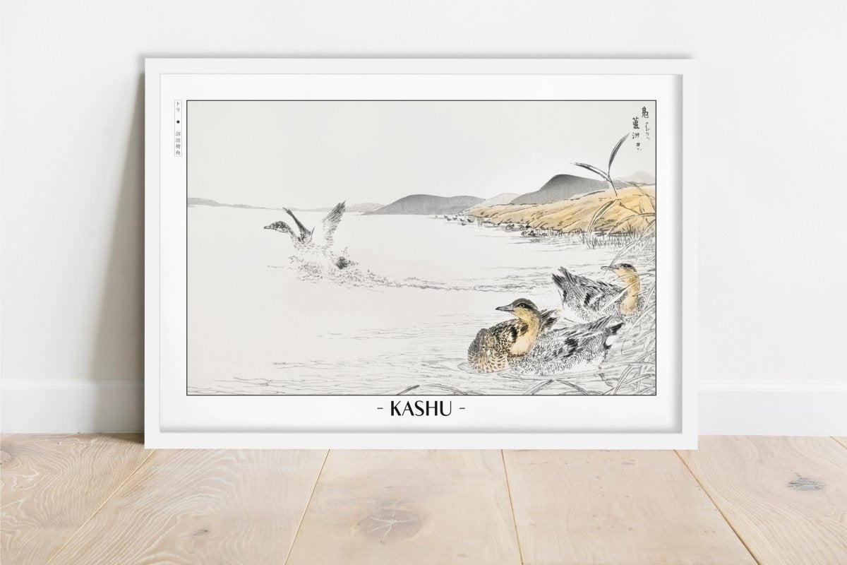 Numata Kashu - Ducks in Lake - Artist Name - White Frame
