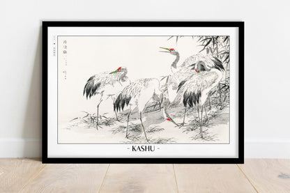 Numata Kashu - Japanese Crane & Bamboo - Artist Name - Black Frame