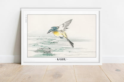 Numata Kashu - Grey Wagtail Bird - Artist Name - White Frame