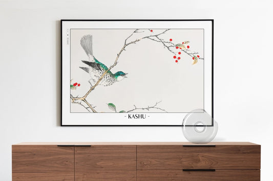 Numata Kashu - Brown-Eared Bulbul & Holly - Artist Name Unframed