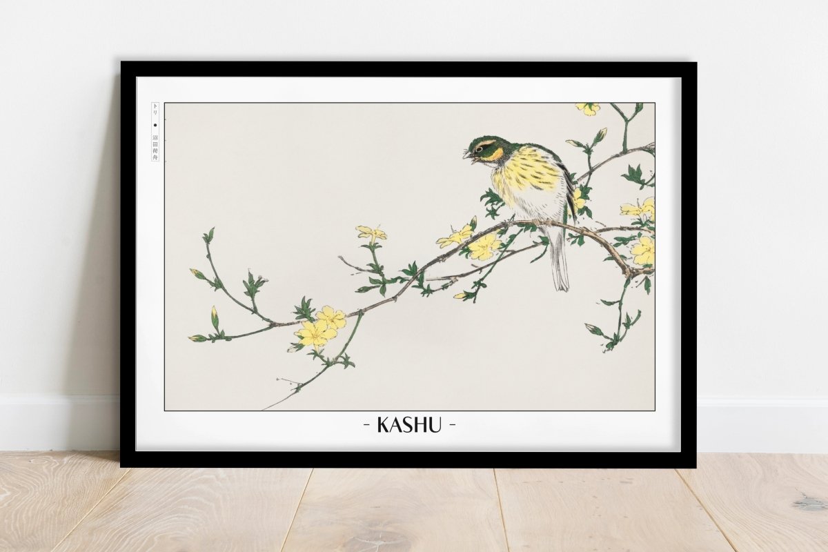 Numata Kashu - Japanese Bunting & Plum Tree - Artist Name - Black Frame