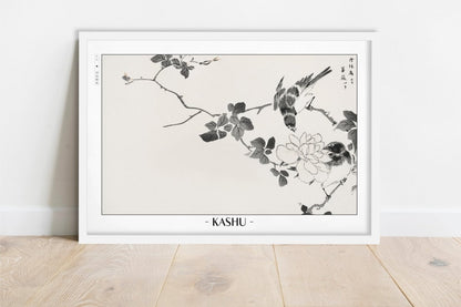 Numata Kashu - Blue Robin & Rose - Artist Name - White Frame