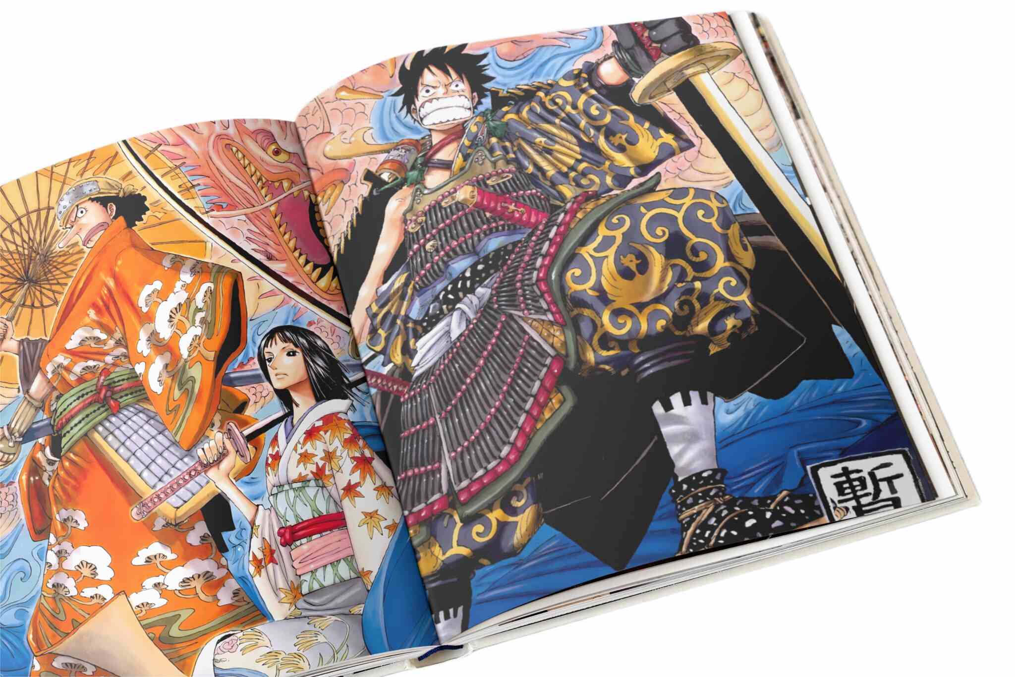 Eiichiro Oda anime poster featuring pirate crew in traditional Japanese inspired armour with bold colour and dynamic composition