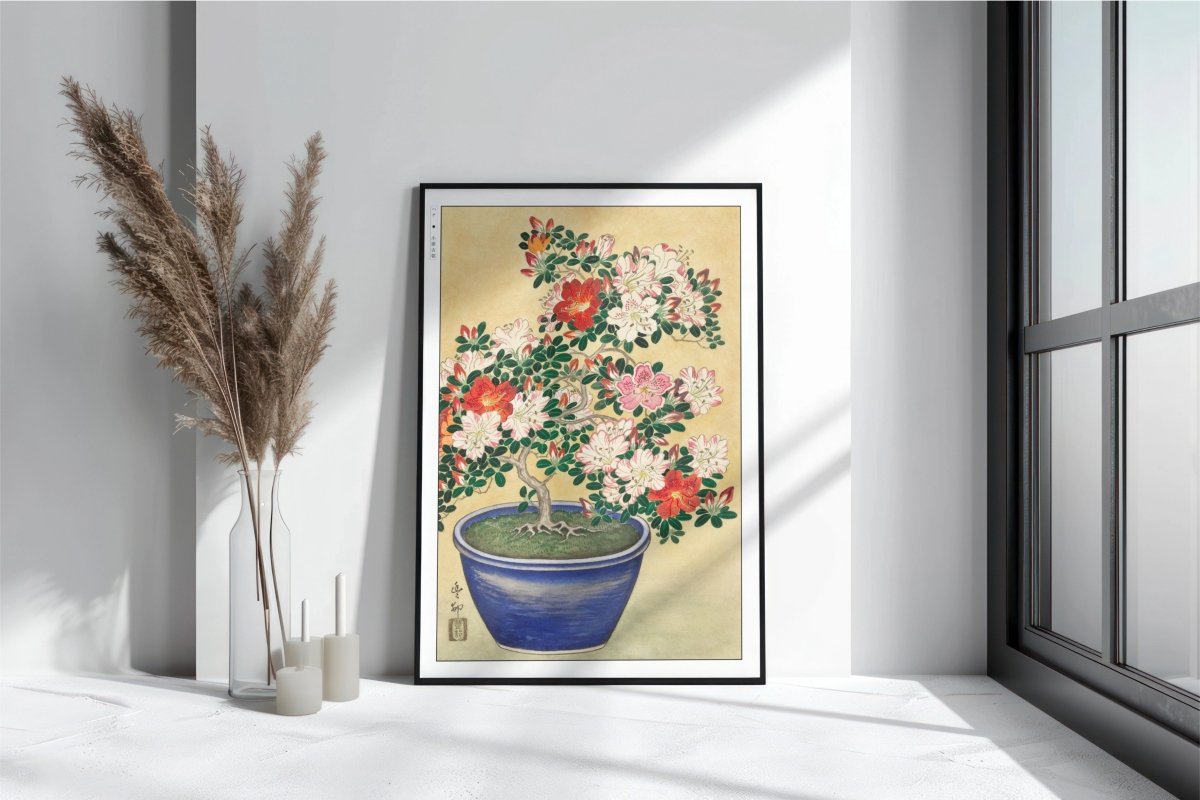 Ohara Koson - Blooming Azalea in Blue Pot - Art Only with Decor