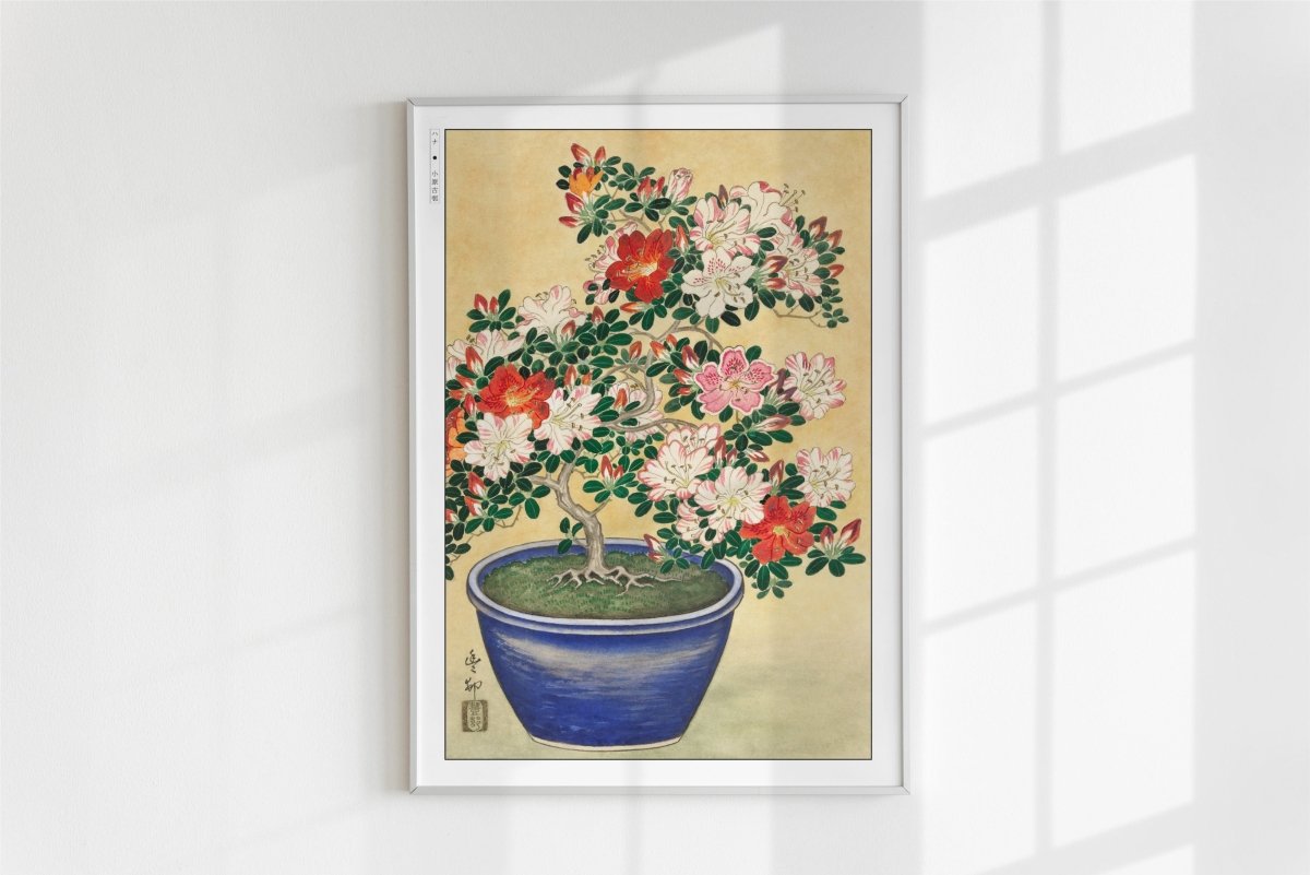 Ohara Koson - Blooming Azalea in Blue Pot - Art Only - White Frame