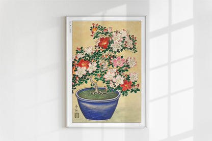 Ohara Koson - Blooming Azalea in Blue Pot - Art Only - White Frame