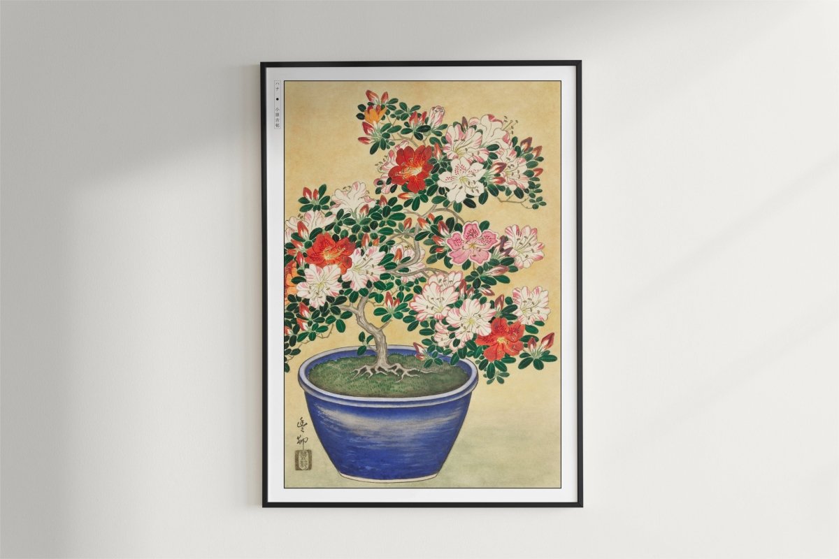 Ohara Koson - Blooming Azalea in Blue Pot - Art Only - Black Frame