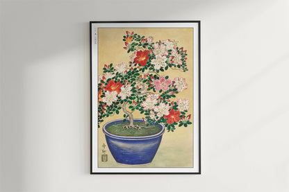 Ohara Koson - Blooming Azalea in Blue Pot - Art Only - Black Frame
