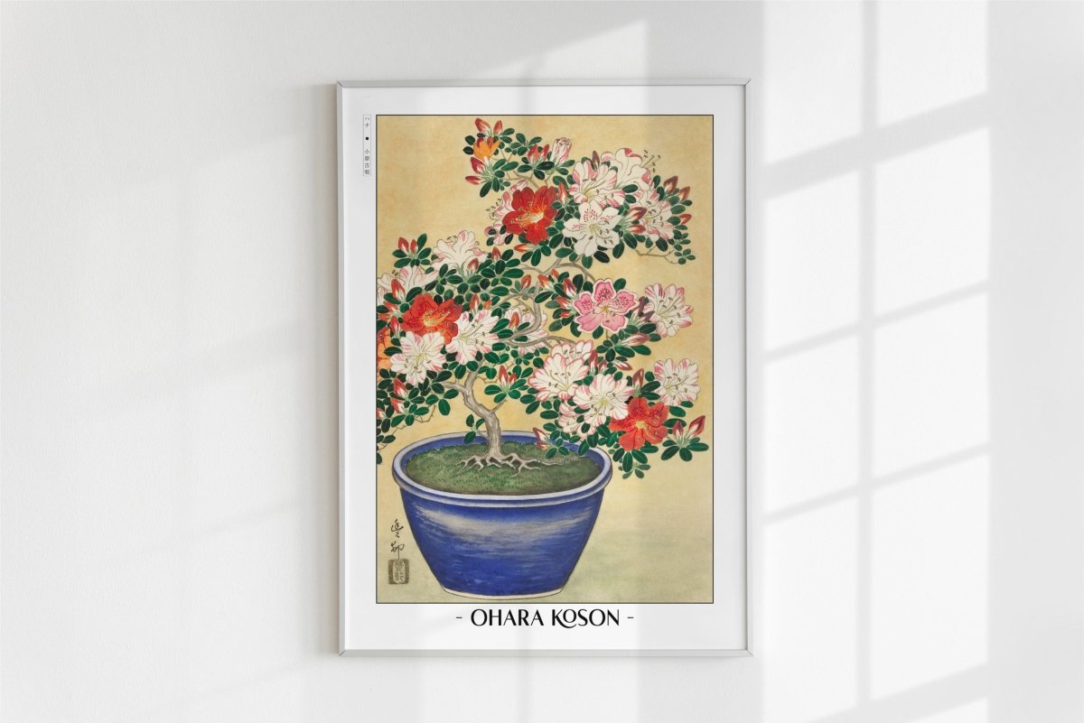 Ohara Koson - Blooming Azalea in Blue Pot - Artist Name - White Frame