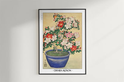 Ohara Koson - Blooming Azalea in Blue Pot - Artist Name - Black Frame