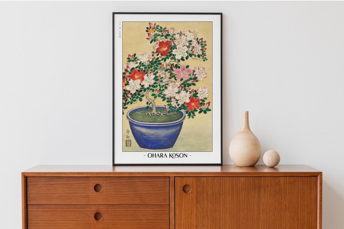 Ohara Koson - Blooming Azalea in Blue Pot - Artist Name with Decor