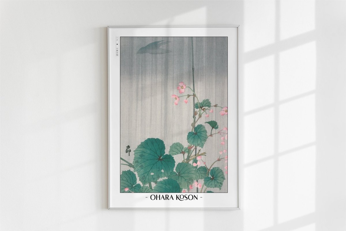 Ohara Koson - Begonia in the Rain - Artist Name - White Frame