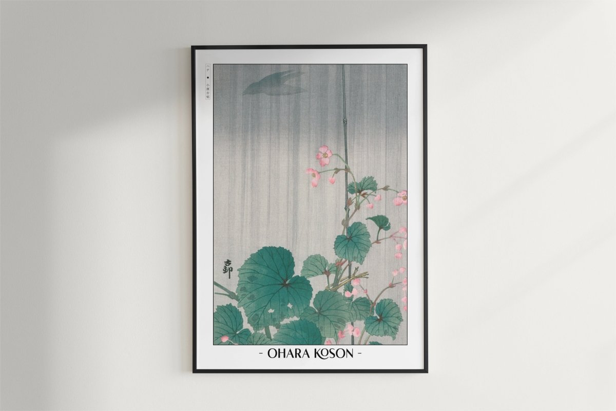 Ohara Koson - Begonia in the Rain - Artist Name - Black Frame