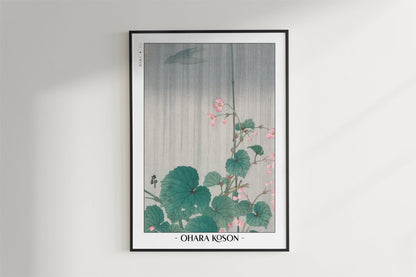 Ohara Koson - Begonia in the Rain - Artist Name - Black Frame
