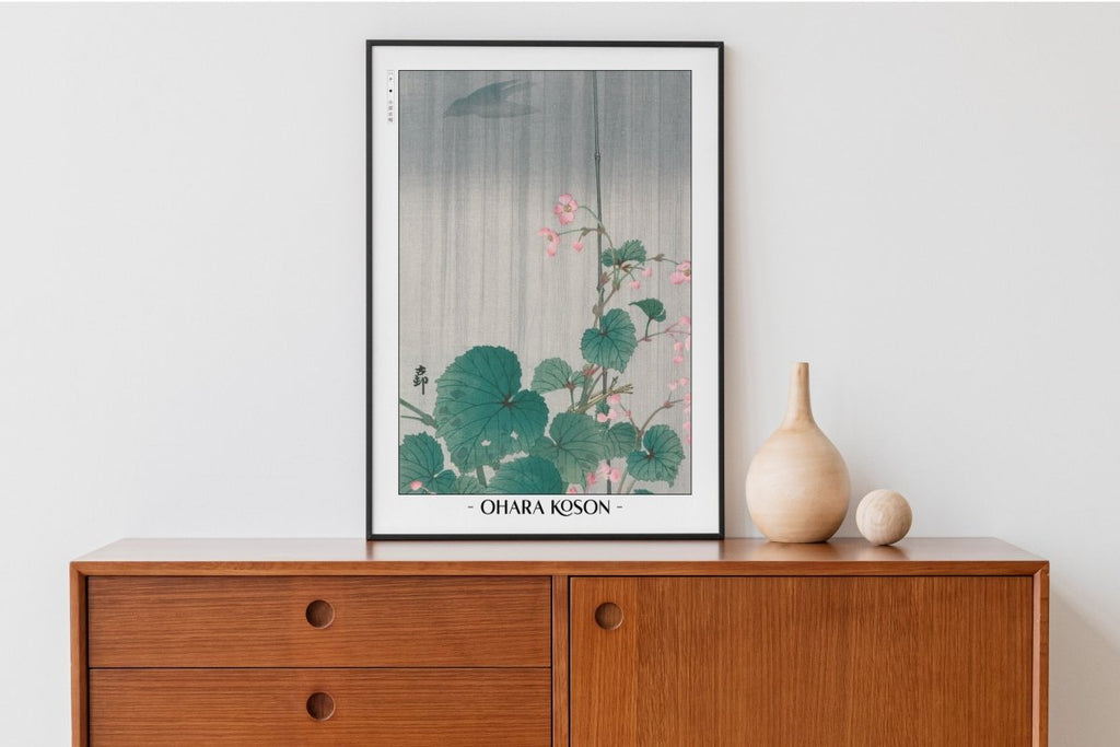 Ohara Koson - Begonia in the Rain - Artist Name with Decor