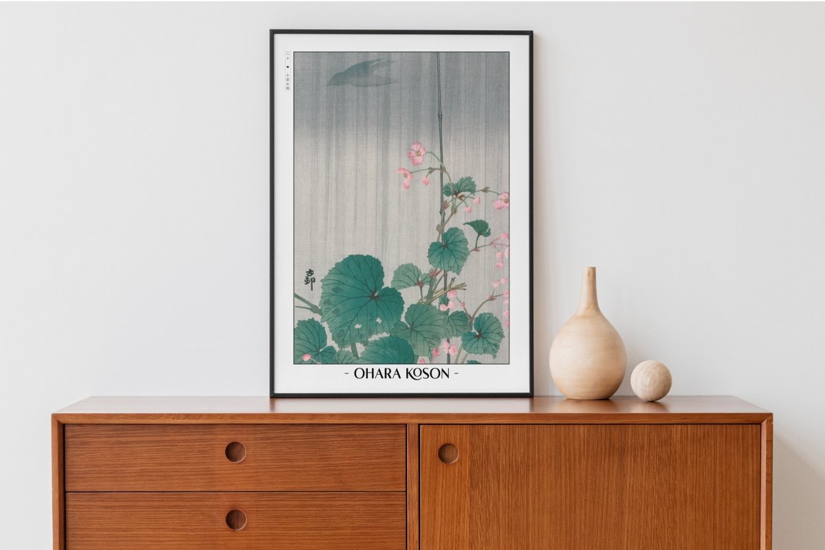 Ohara Koson - Begonia in the Rain - Artist Name with Decor