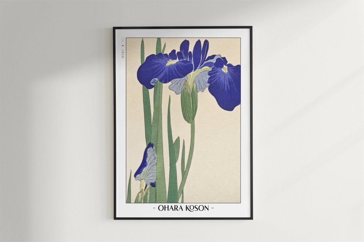 Ohara Koson - Blue Irises - Artist Name - Black Frame