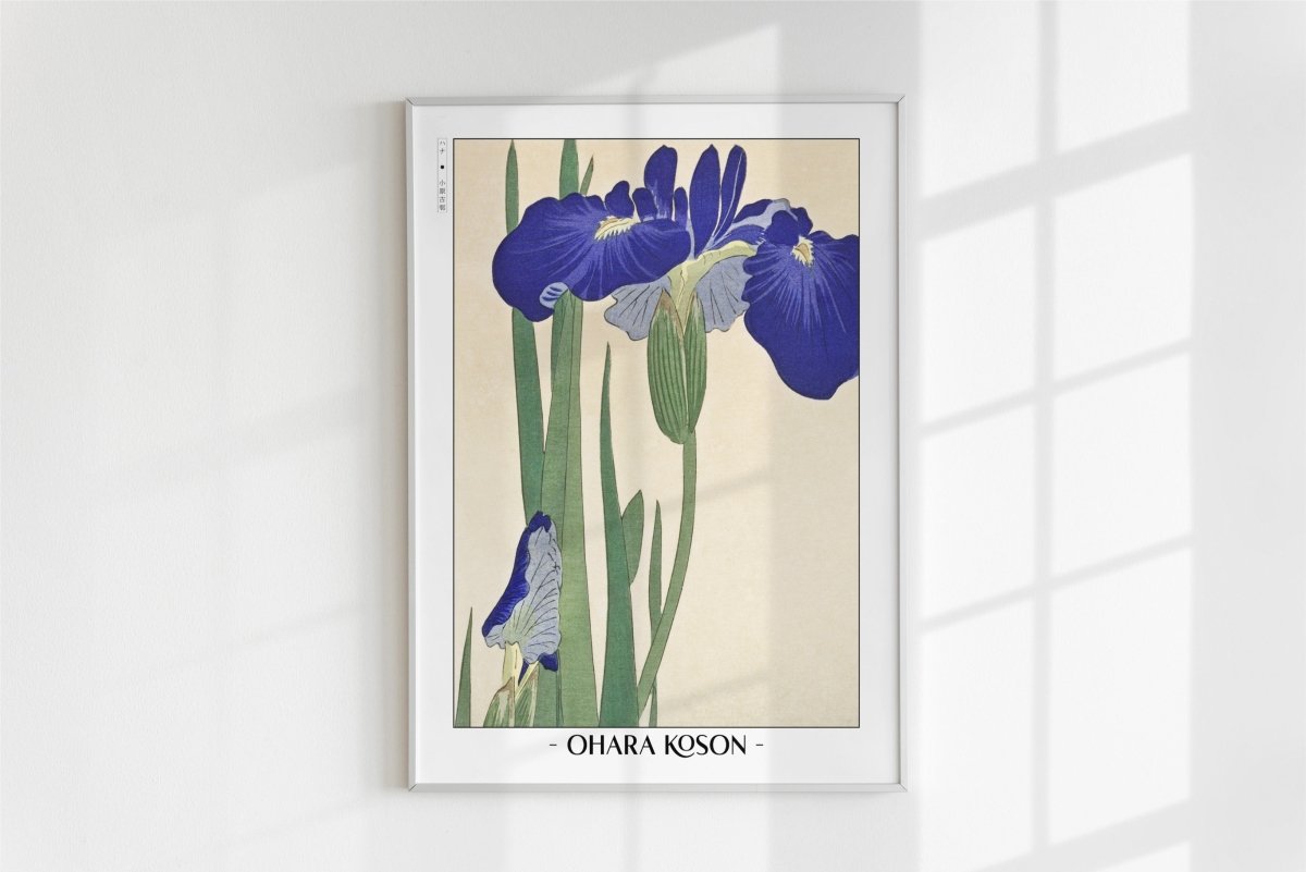 Ohara Koson - Blue Irises - Artist Name - White Frame