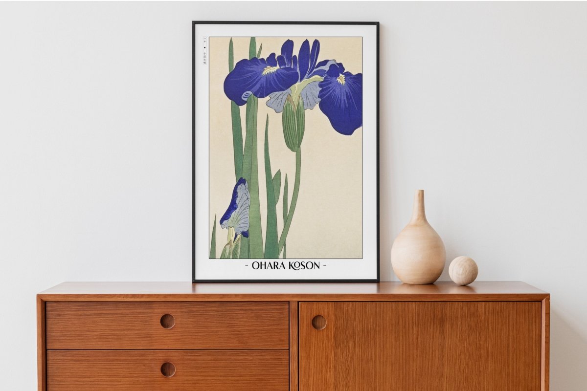 Ohara Koson - Blue Irises - Artist Name with Decor