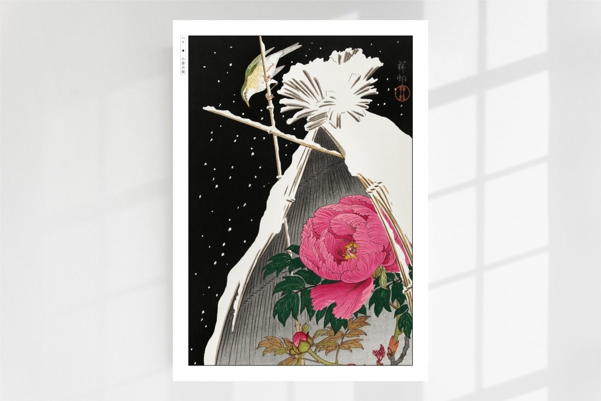 Ohara Koson - Siberian Bluechat next to a Peony - Art Only - White Frame
