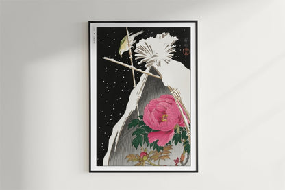 Ohara Koson - Siberian Bluechat next to a Peony - Art Only - Black Frame