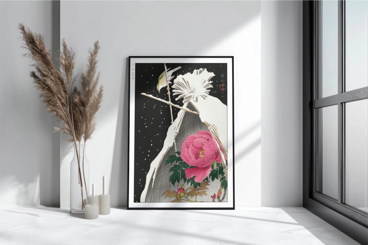 Ohara Koson - Siberian Bluechat next to a Peony - Art Only with Decor