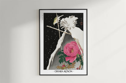 Ohara Koson - Siberian Bluechat next to a Peony - Artist Name - Black Frame