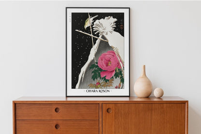 Ohara Koson - Siberian Bluechat next to a Peony - Artist Name with Decor