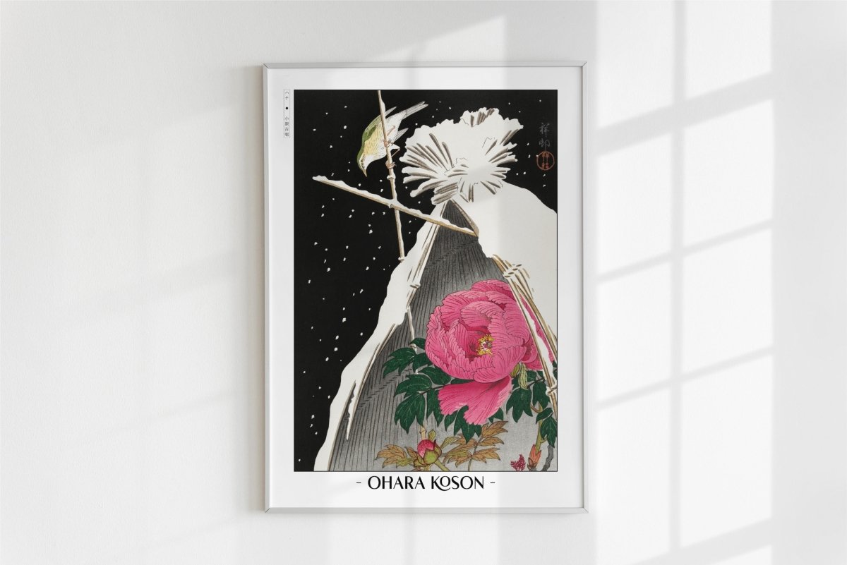 Ohara Koson - Siberian Bluechat next to a Peony - Artist Name - White Frame