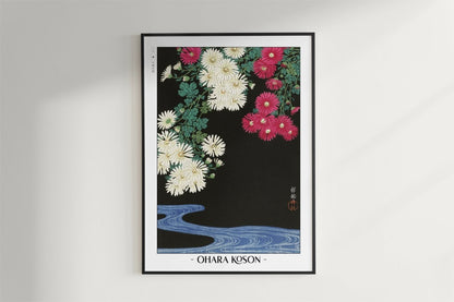 Ohara Koson - Chrysanthemums & Running Water - Artist Name - Black Frame