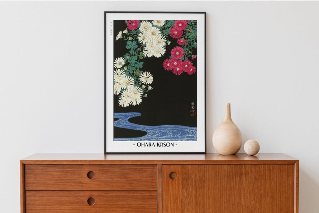 Ohara Koson - Chrysanthemums & Running Water - Artist Name with Decor