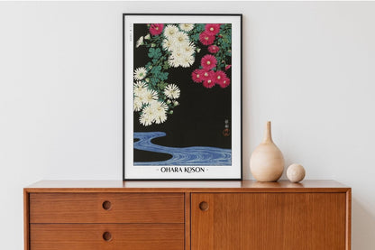 Ohara Koson - Chrysanthemums & Running Water - Artist Name with Decor
