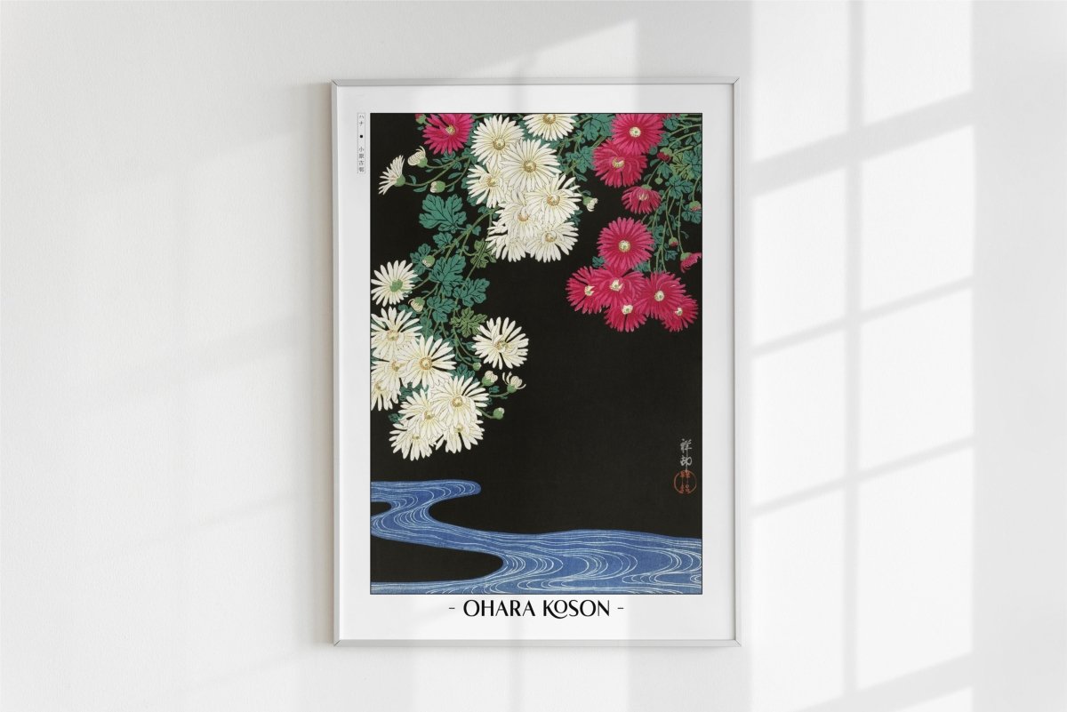 Ohara Koson - Chrysanthemums & Running Water - Artist Name - White Frame