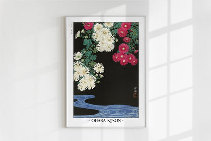 Ohara Koson - Chrysanthemums & Running Water - Artist Name - White Frame